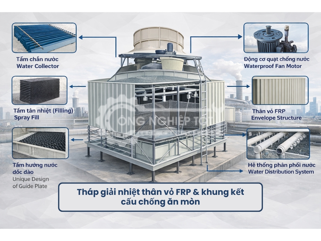 Thân tháp giải nhiệt FRP và khung kết cấu chống ăn mòn trong nhà máy công nghiệp